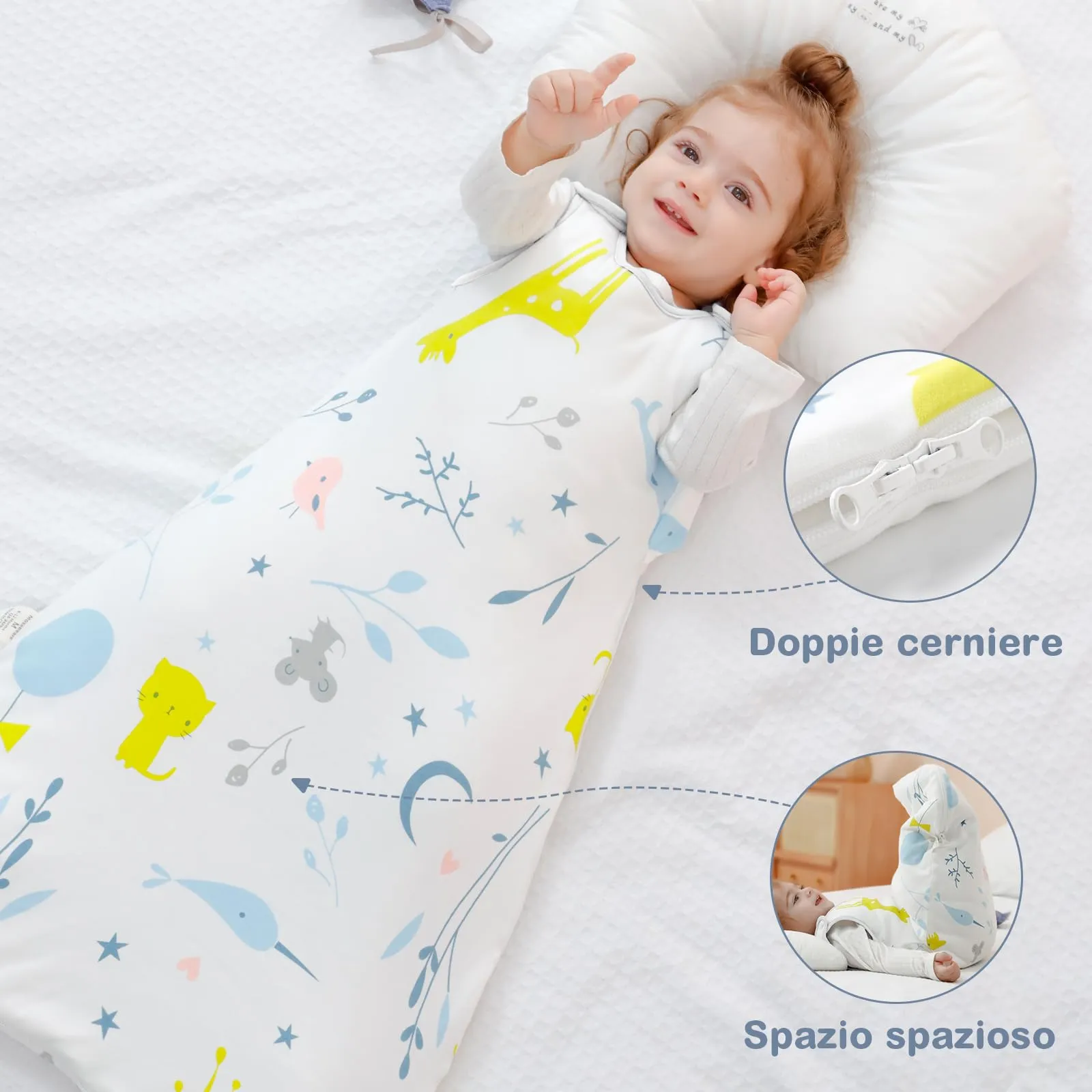 Sacco nanna invernale per bambini, 2,5 Tog, 100% cotone, diverse dimensioni disponibili, da usare a partire dalla nascita, adatto per tutto l'anno, bianco con motivo di animali, da 6 a 12 mesi - immagine 6