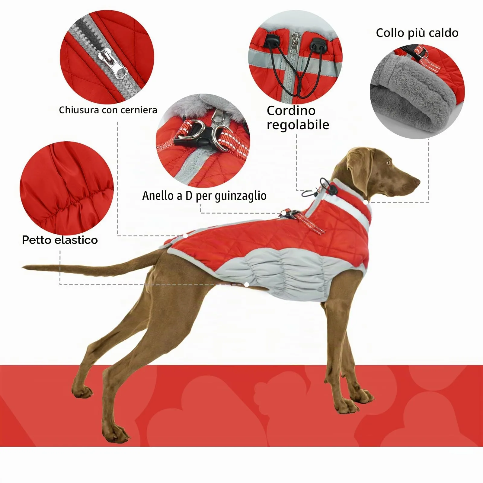 Cappotto Invernale Cani, Vestito Invernale Cani Cappottino Caldo Cani Abbigliamento Anti-neve Cani Giacca Felpa per Cani con Colletto in Pelliccia Piegabile(Rosso, L) - immagine 4