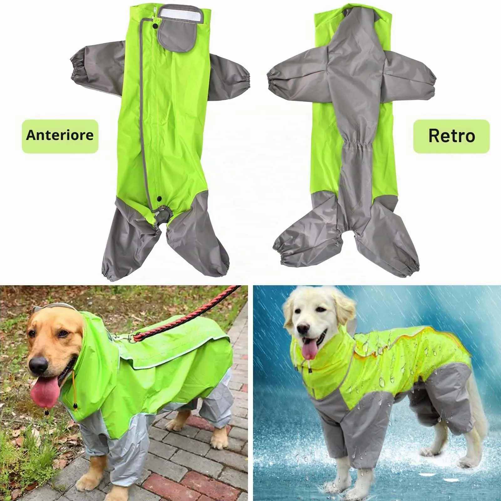 Impermeabile per Cani, Cappotto Impermeabile per Cani con Cappuccio, Poncho Impermeabile Giacca Antipioggia Leggera per Animali ad Asciugatura Rapida per Cane Taglia Media/Grande - Verde (26) - immagine 3