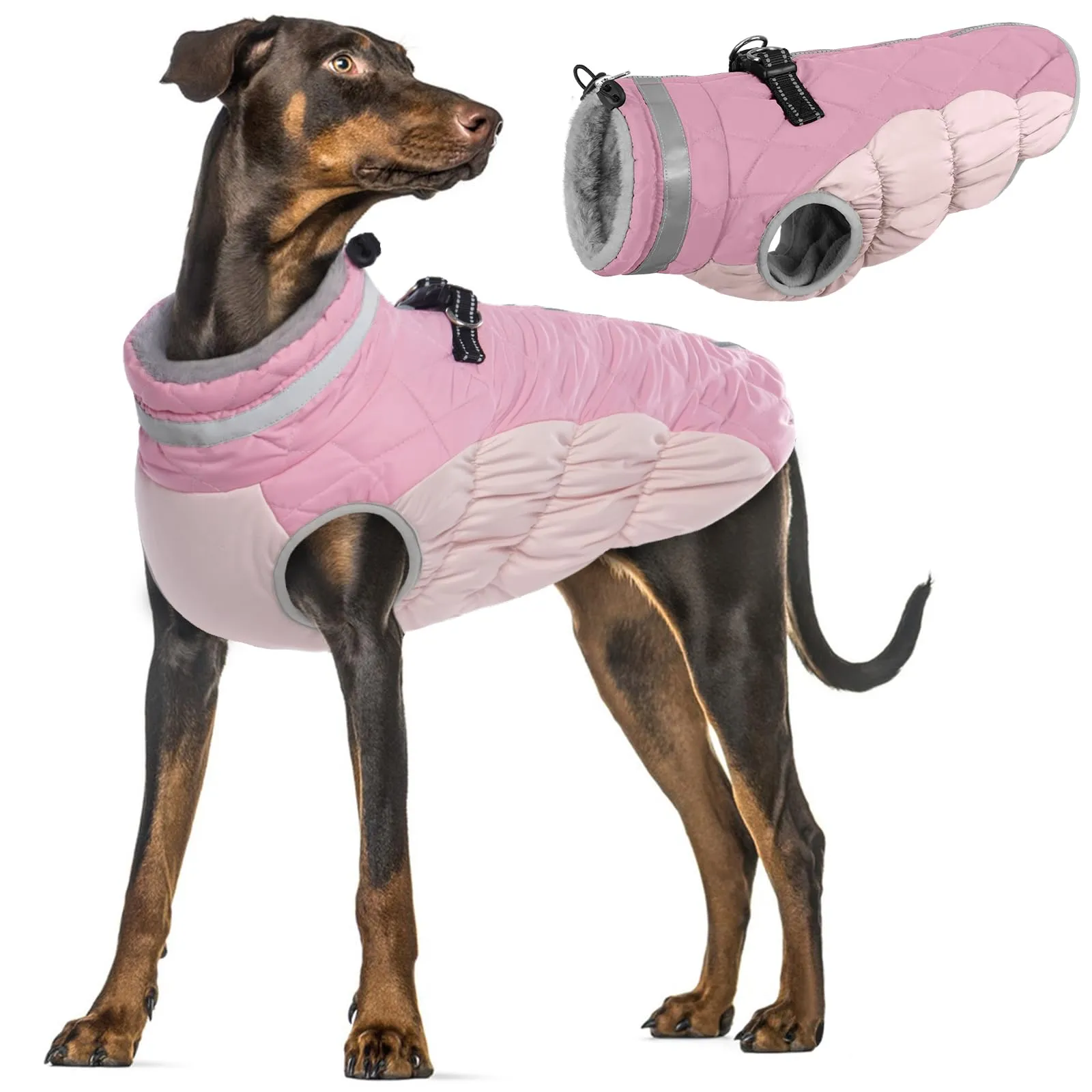 PUMYPOREITY Cappotto Invernale Cani, Vestito Caldo Impermeabile Vest Abbigliamento Anti-neve Doggy Giacca Felpa Cotone Tuta da Sci per Cani con Colletto in Pelliccia Piegabile(Rosa, XL) - immagine 1