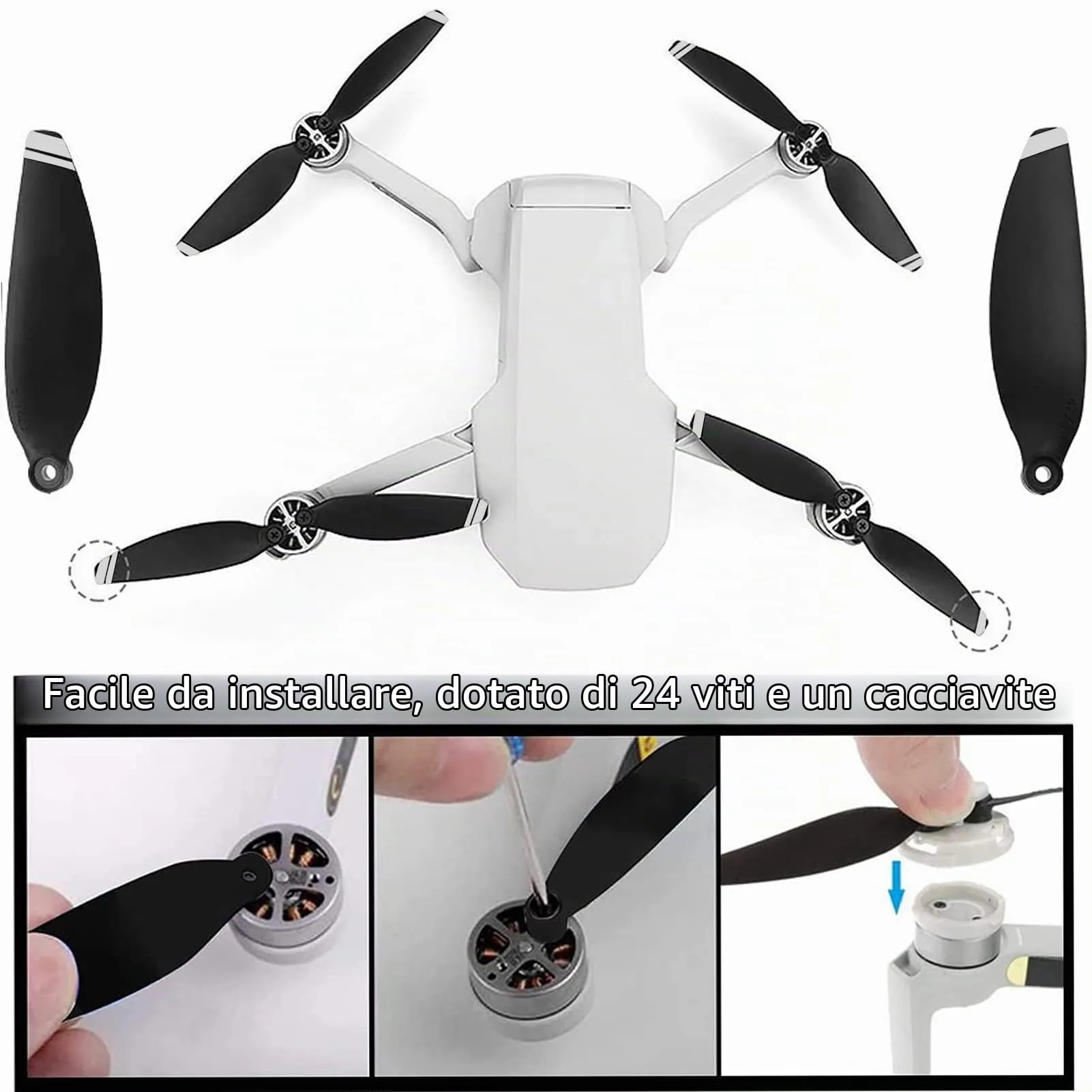 Bocguy Mavic Mini Eliche, 16 Pcs Eliche Mavic Mini con 24 Viti & Cacciavite per Sostituzione del Drone, Basso Rumore & Stabile (Argento) - immagine 3