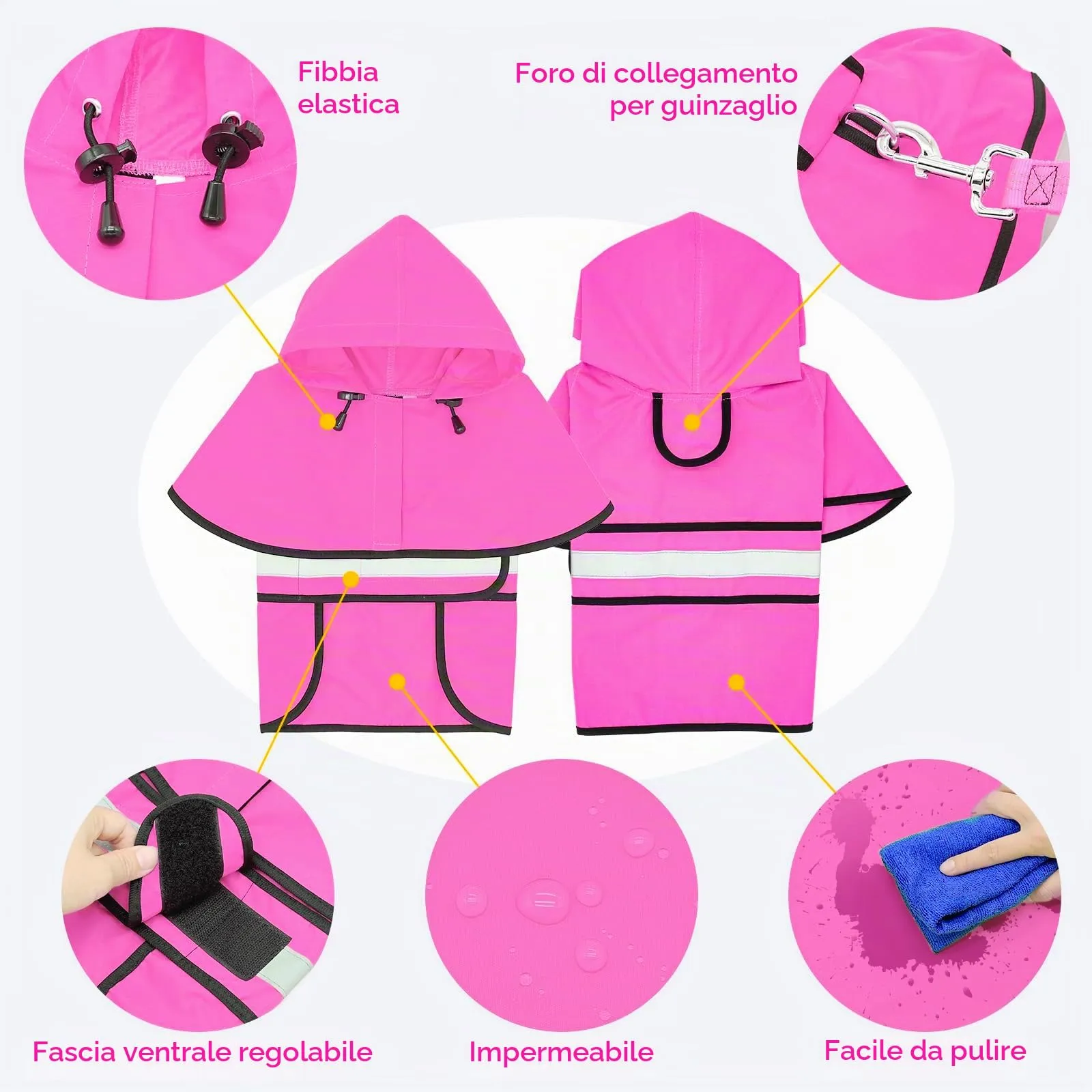 Domagiker Impermeabile per cani, con cappuccio, regolabile, riflettente, antivento, per cani di taglia piccola, media e grande (S, rosa) - immagine 2