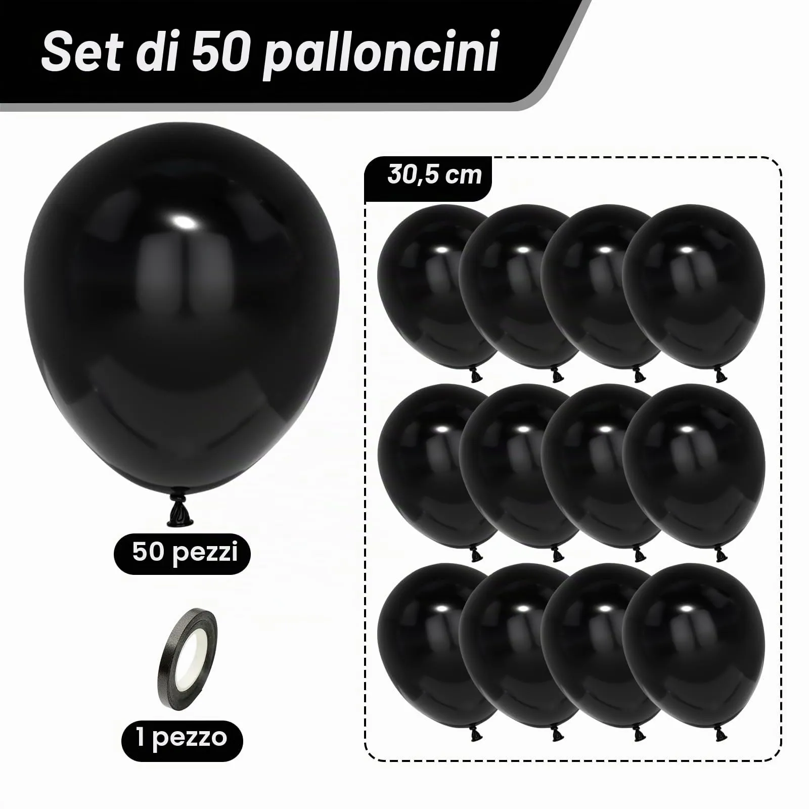 Unisun Palloncini Neri, 50pz 12 pollici, palloncini Nero Opachi - immagine 2