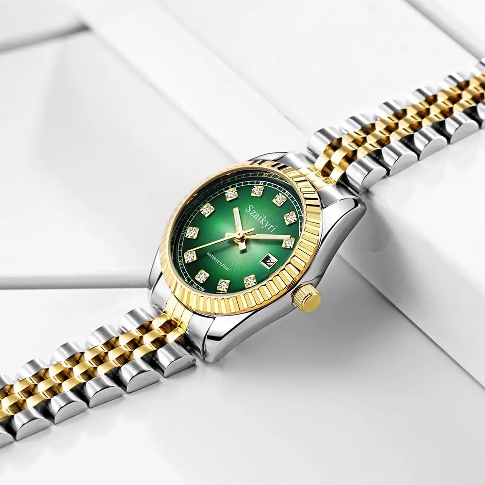Szaikyri Orologio Donna con Calendario Classico Femminile con Ganciapia di Acciaio Inossidabile Solido Resistente All'Acqua Orologi da Compleanno per Donna (Gold Green) - immagine 3