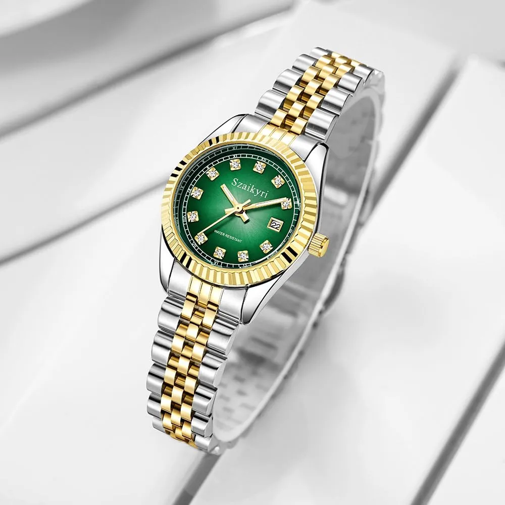 Szaikyri Orologio Donna con Calendario Classico Femminile con Ganciapia di Acciaio Inossidabile Solido Resistente All'Acqua Orologi da Compleanno per Donna (Gold Green) - immagine 4