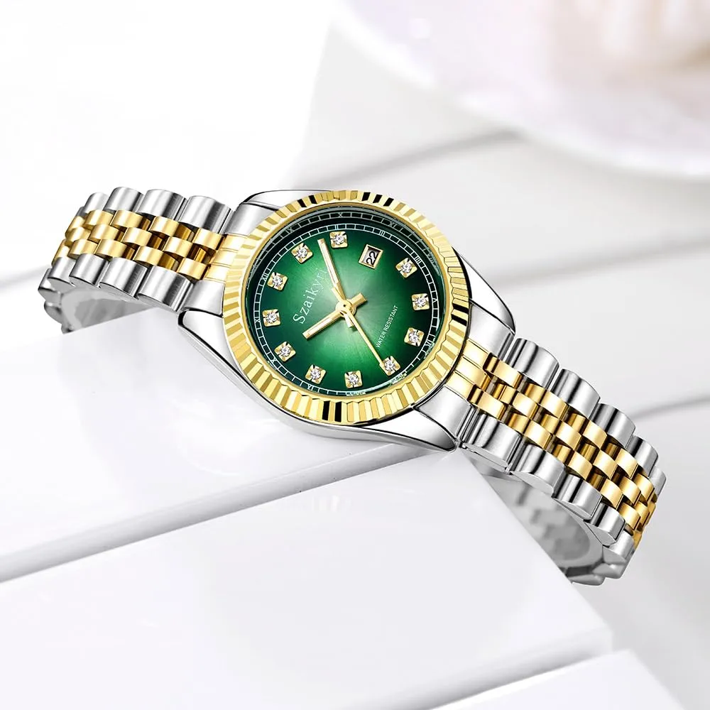 Szaikyri Orologio Donna con Calendario Classico Femminile con Ganciapia di Acciaio Inossidabile Solido Resistente All'Acqua Orologi da Compleanno per Donna (Gold Green) - immagine 5