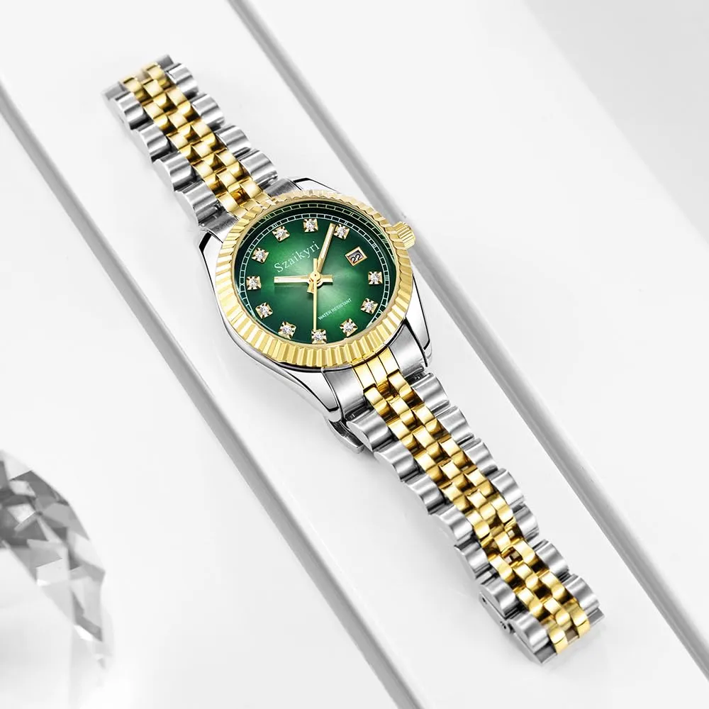 Szaikyri Orologio Donna con Calendario Classico Femminile con Ganciapia di Acciaio Inossidabile Solido Resistente All'Acqua Orologi da Compleanno per Donna (Gold Green) - immagine 6