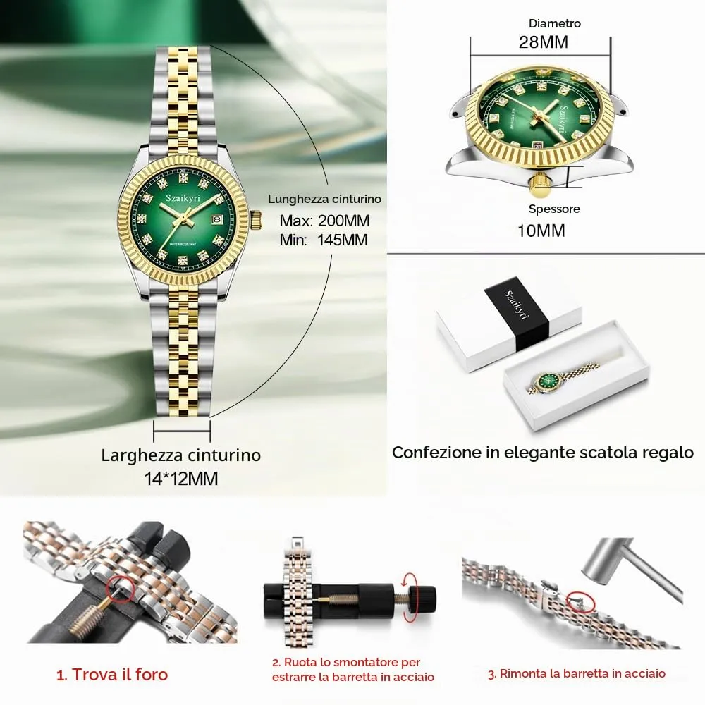 Szaikyri Orologio Donna con Calendario Classico Femminile con Ganciapia di Acciaio Inossidabile Solido Resistente All'Acqua Orologi da Compleanno per Donna (Gold Green) - immagine 7
