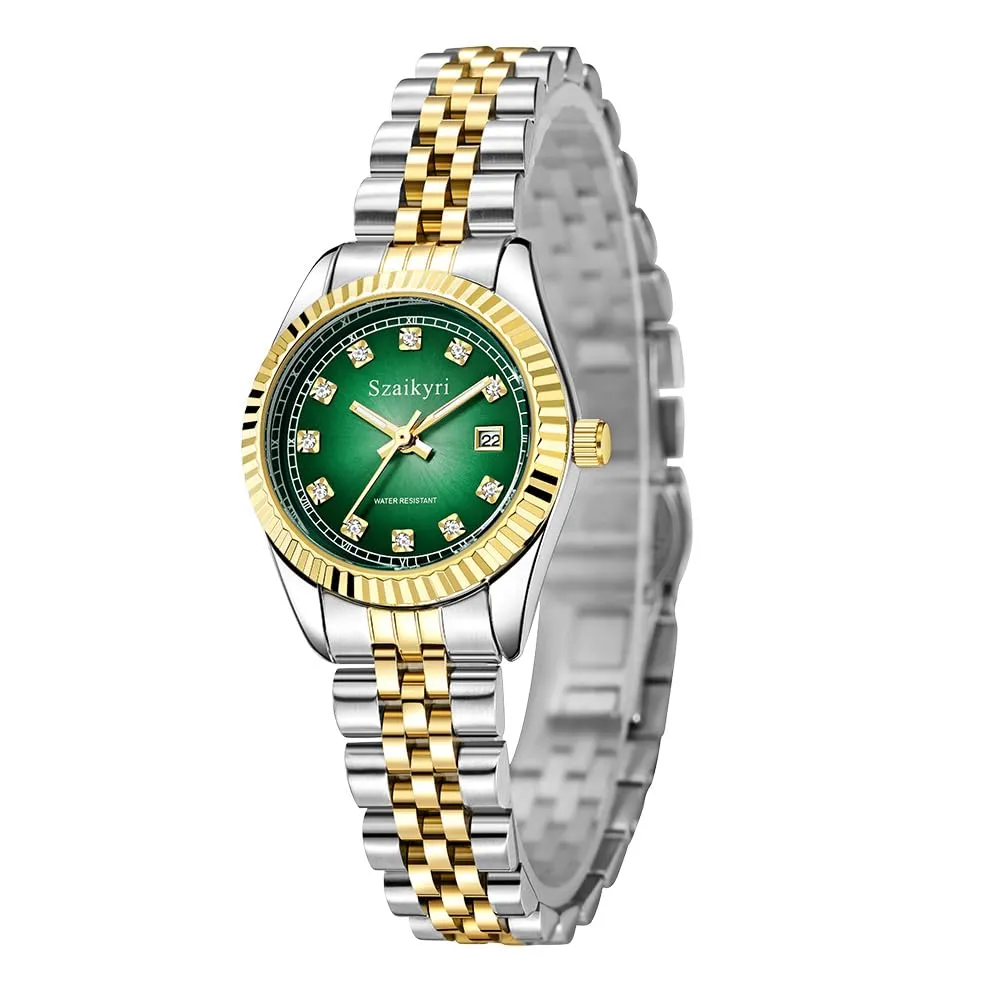 Szaikyri Orologio Donna con Calendario Classico Femminile con Ganciapia di Acciaio Inossidabile Solido Resistente All'Acqua Orologi da Compleanno per Donna (Gold Green) - immagine 8