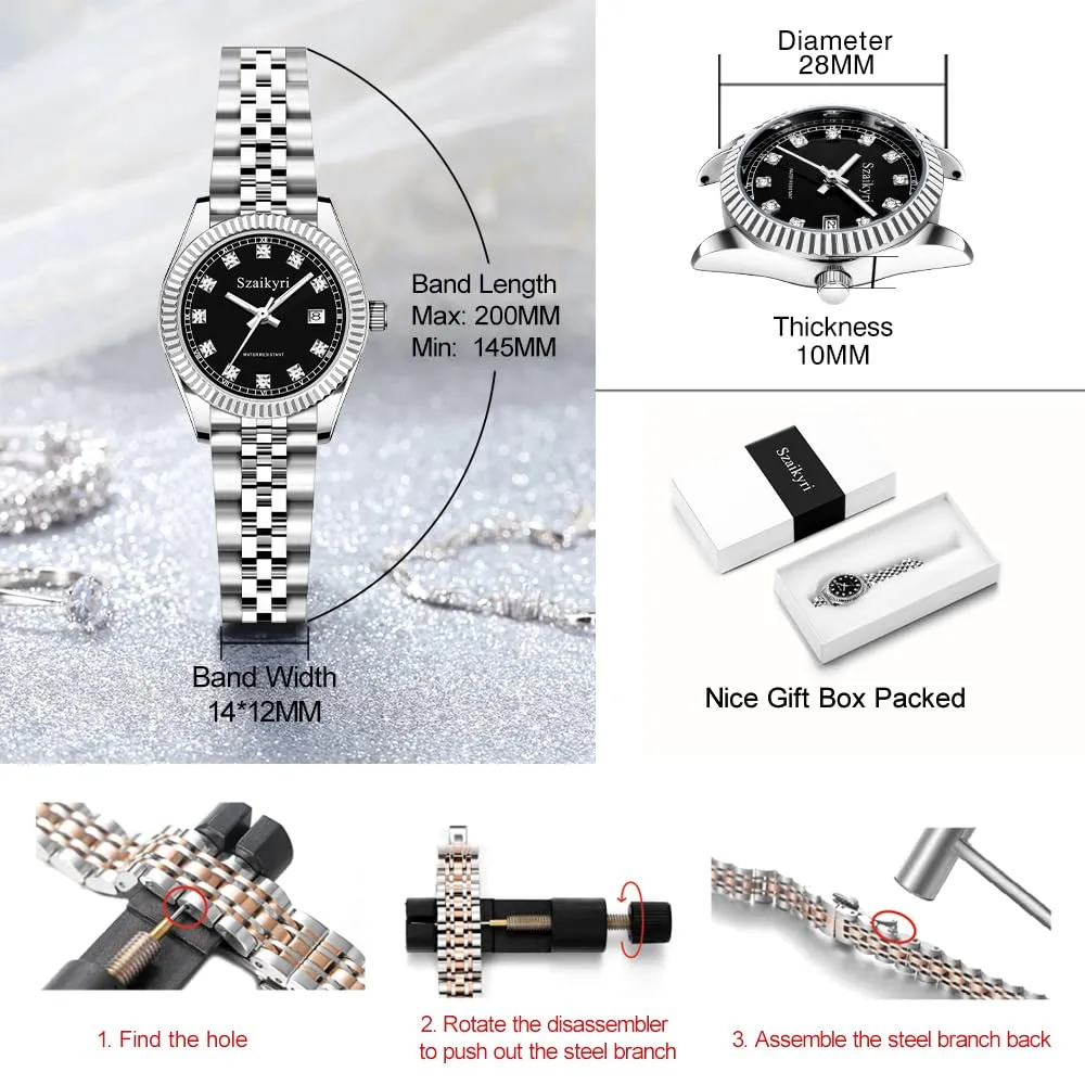 Szaikyri Orologio Donna con Calendario Classico Femminile con Ganciapia di Acciaio Inossidabile Solido Resistente All'Acqua Orologi da Compleanno per Donna (Silver Black) - immagine 6