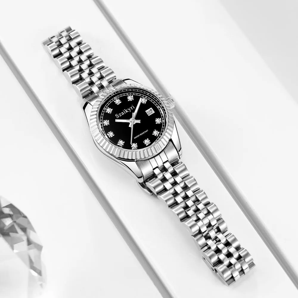 Szaikyri Orologio Donna con Calendario Classico Femminile con Ganciapia di Acciaio Inossidabile Solido Resistente All'Acqua Orologi da Compleanno per Donna (Silver Black) - immagine 7