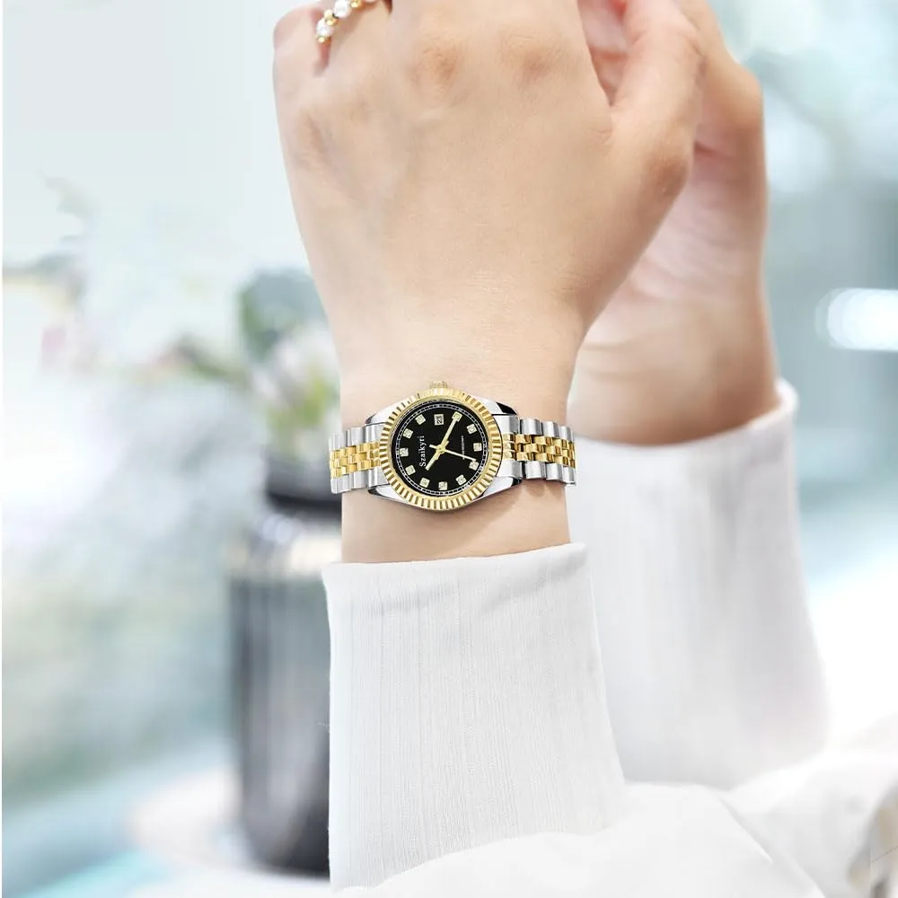 Szaikyri Orologio Donna con Calendario Classico Femminile con Ganciapia di Acciaio Inossidabile Solido Resistente All'Acqua Orologi da Compleanno per Donna (Gold Black) - immagine 2