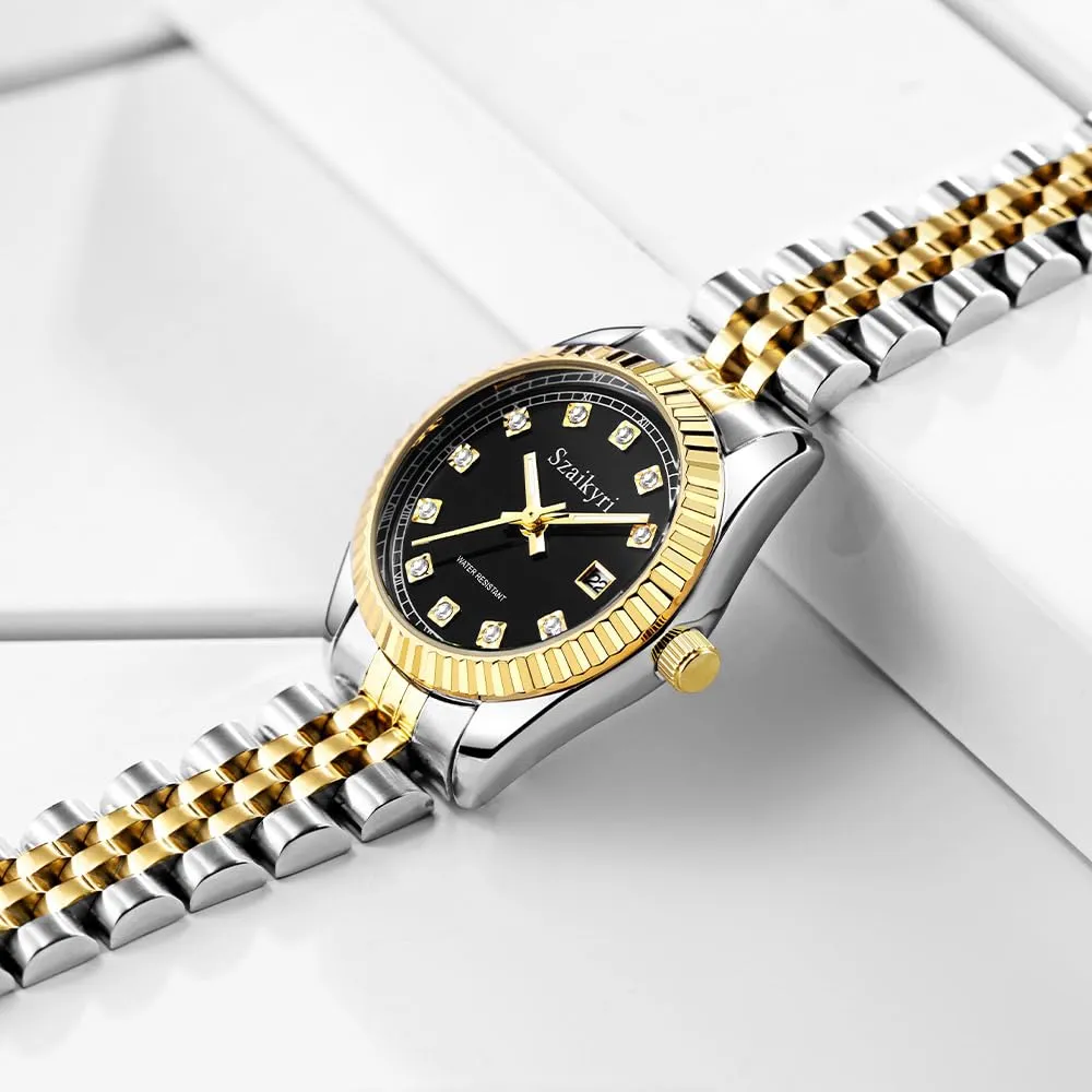 Szaikyri Orologio Donna con Calendario Classico Femminile con Ganciapia di Acciaio Inossidabile Solido Resistente All'Acqua Orologi da Compleanno per Donna (Gold Black) - immagine 3