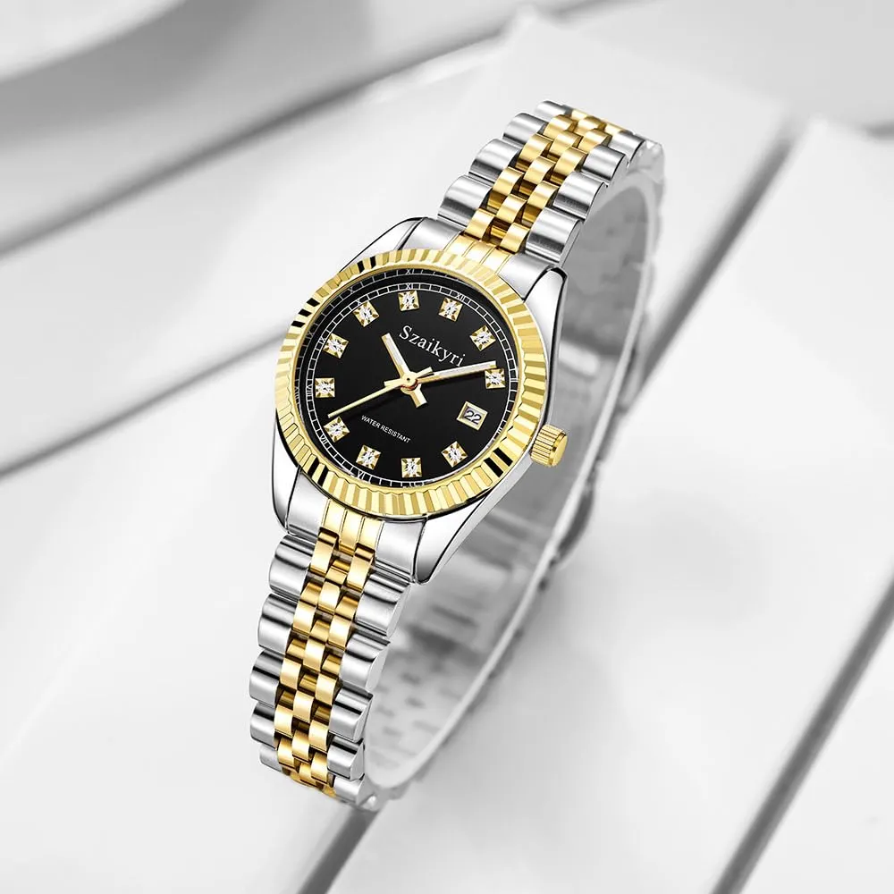 Szaikyri Orologio Donna con Calendario Classico Femminile con Ganciapia di Acciaio Inossidabile Solido Resistente All'Acqua Orologi da Compleanno per Donna (Gold Black) - immagine 4