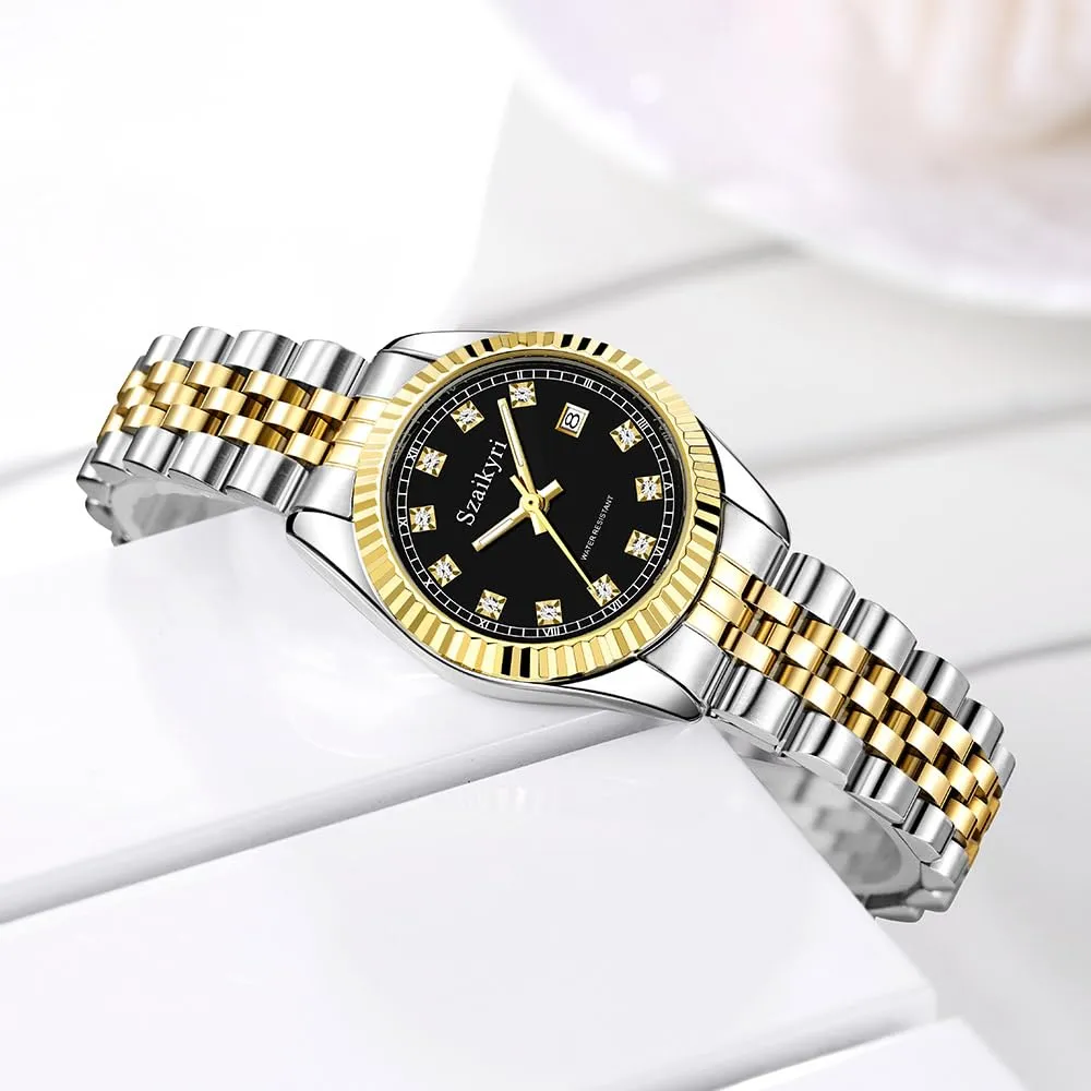 Szaikyri Orologio Donna con Calendario Classico Femminile con Ganciapia di Acciaio Inossidabile Solido Resistente All'Acqua Orologi da Compleanno per Donna (Gold Black) - immagine 5