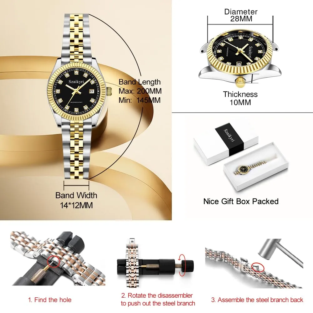 Szaikyri Orologio Donna con Calendario Classico Femminile con Ganciapia di Acciaio Inossidabile Solido Resistente All'Acqua Orologi da Compleanno per Donna (Gold Black) - immagine 6