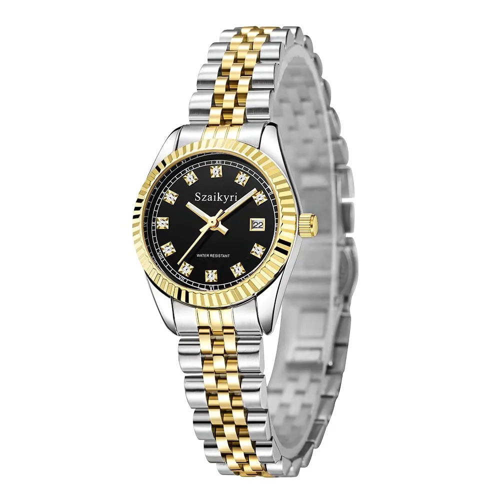 Szaikyri Orologio Donna con Calendario Classico Femminile con Ganciapia di Acciaio Inossidabile Solido Resistente All'Acqua Orologi da Compleanno per Donna (Gold Black) - immagine 7