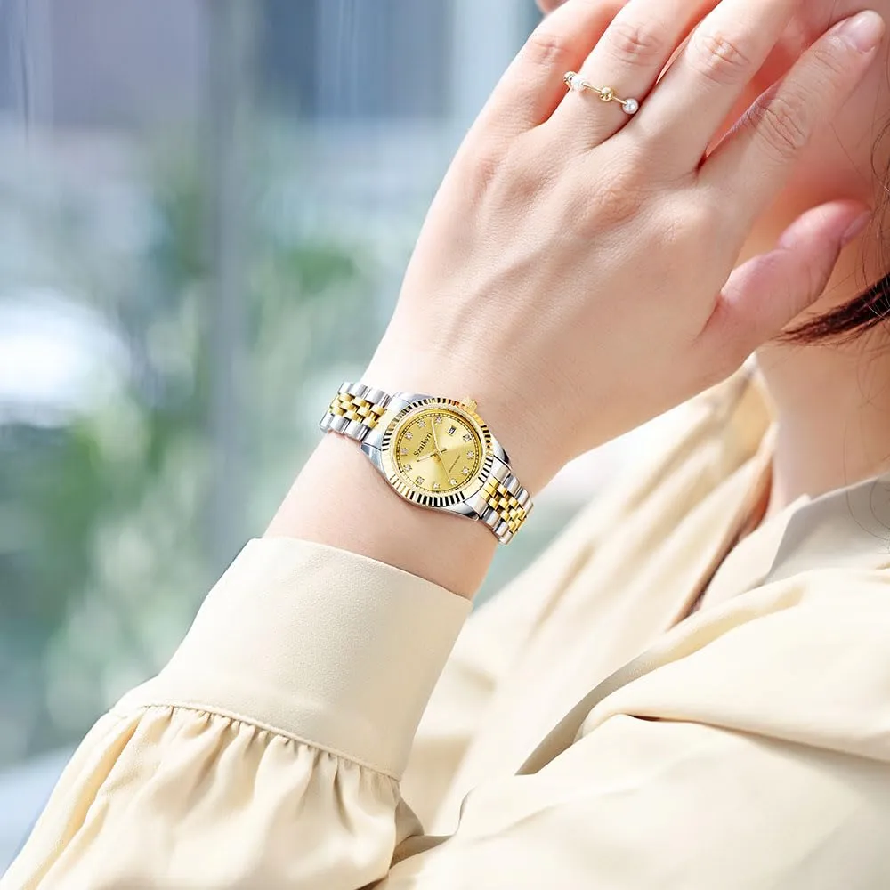 Szaikyri Orologio Donna con Calendario Classico Femminile con Ganciapia di Acciaio Inossidabile Solido Resistente All'Acqua Orologi da Compleanno per Donna (Silver Gold) - immagine 2