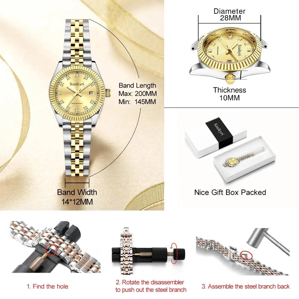 Szaikyri Orologio Donna con Calendario Classico Femminile con Ganciapia di Acciaio Inossidabile Solido Resistente All'Acqua Orologi da Compleanno per Donna (Silver Gold) - immagine 6