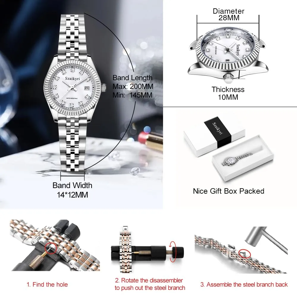 Szaikyri Orologio Donna con Calendario Classico Femminile con Ganciapia di Acciaio Inossidabile Solido Resistente All'Acqua Orologi da Compleanno per Donna (Silver) - immagine 6