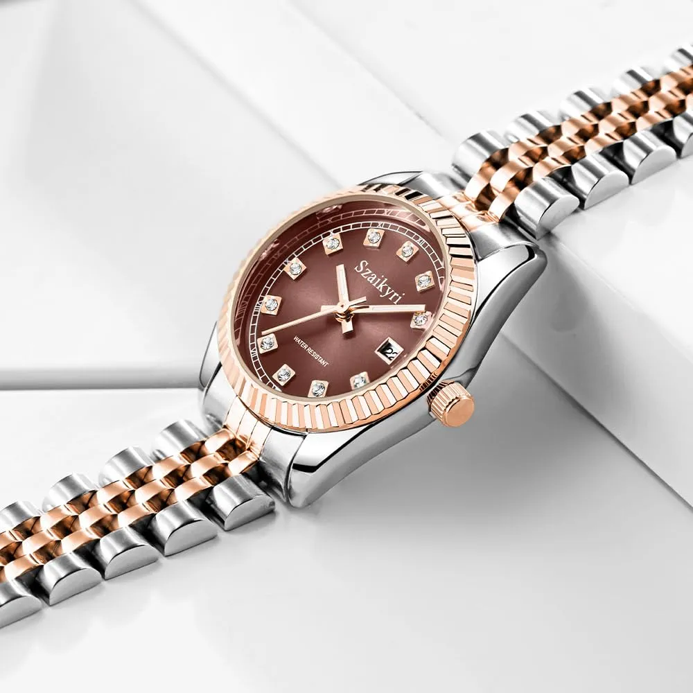 Szaikyri Orologio Donna con Calendario Classico Femminile con Ganciapia di Acciaio Inossidabile Solido Resistente All'Acqua Orologi da Compleanno per Donna (Rosegold Brown) - immagine 3