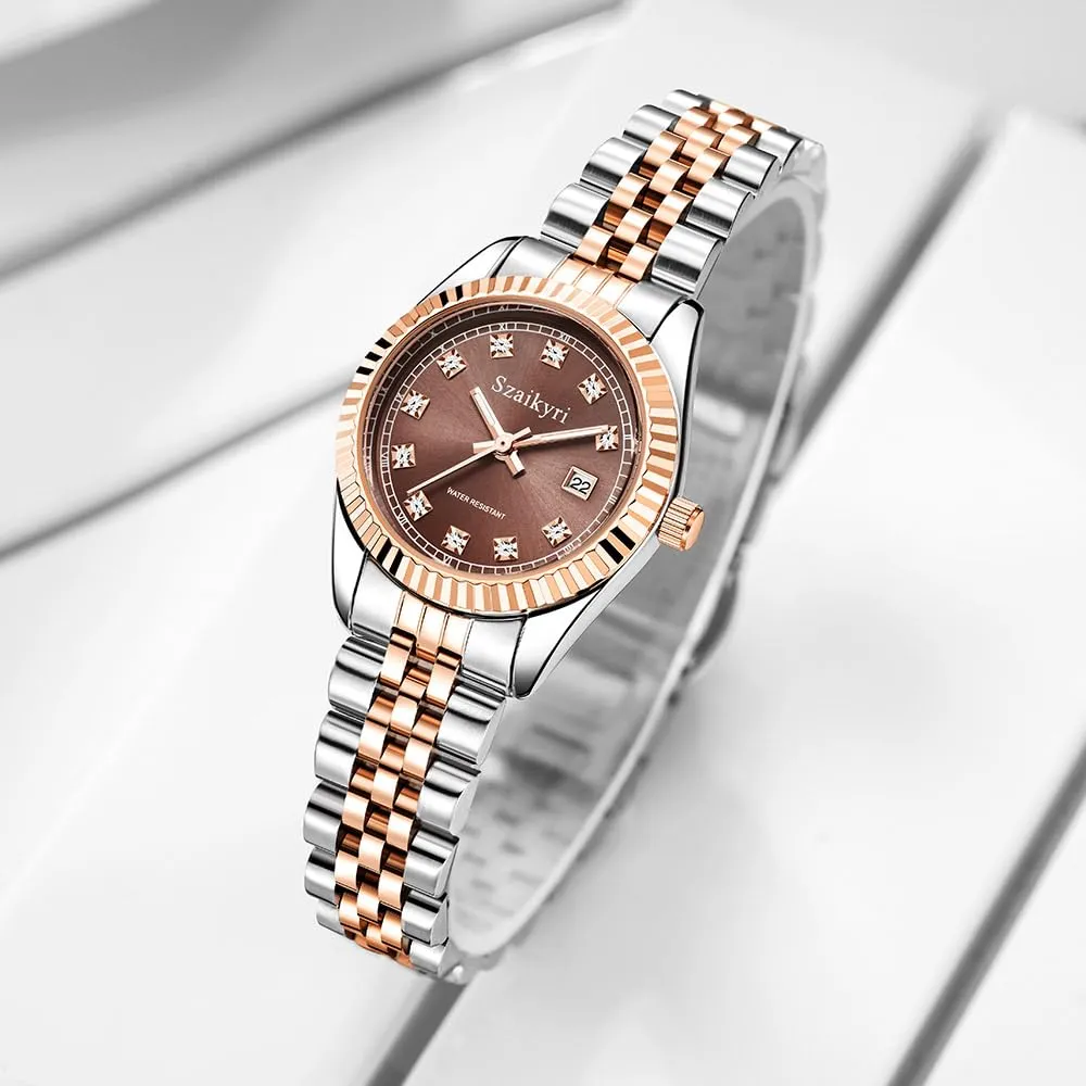 Szaikyri Orologio Donna con Calendario Classico Femminile con Ganciapia di Acciaio Inossidabile Solido Resistente All'Acqua Orologi da Compleanno per Donna (Rosegold Brown) - immagine 4