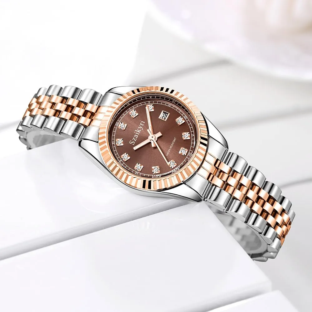 Szaikyri Orologio Donna con Calendario Classico Femminile con Ganciapia di Acciaio Inossidabile Solido Resistente All'Acqua Orologi da Compleanno per Donna (Rosegold Brown) - immagine 5