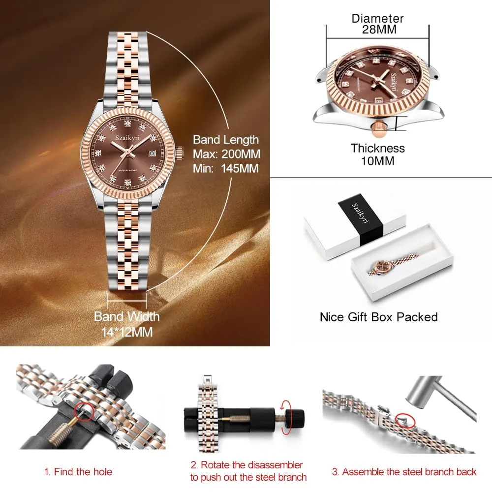 Szaikyri Orologio Donna con Calendario Classico Femminile con Ganciapia di Acciaio Inossidabile Solido Resistente All'Acqua Orologi da Compleanno per Donna (Rosegold Brown) - immagine 6