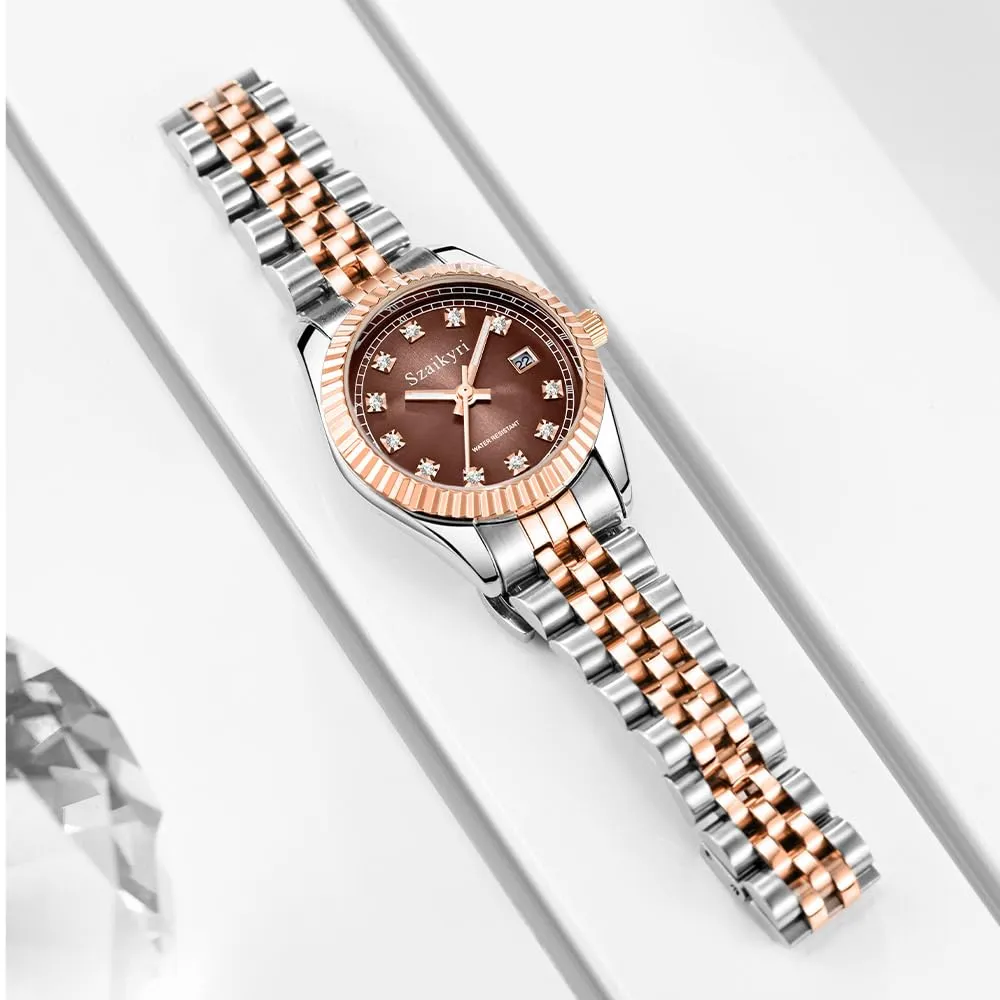 Szaikyri Orologio Donna con Calendario Classico Femminile con Ganciapia di Acciaio Inossidabile Solido Resistente All'Acqua Orologi da Compleanno per Donna (Rosegold Brown) - immagine 8