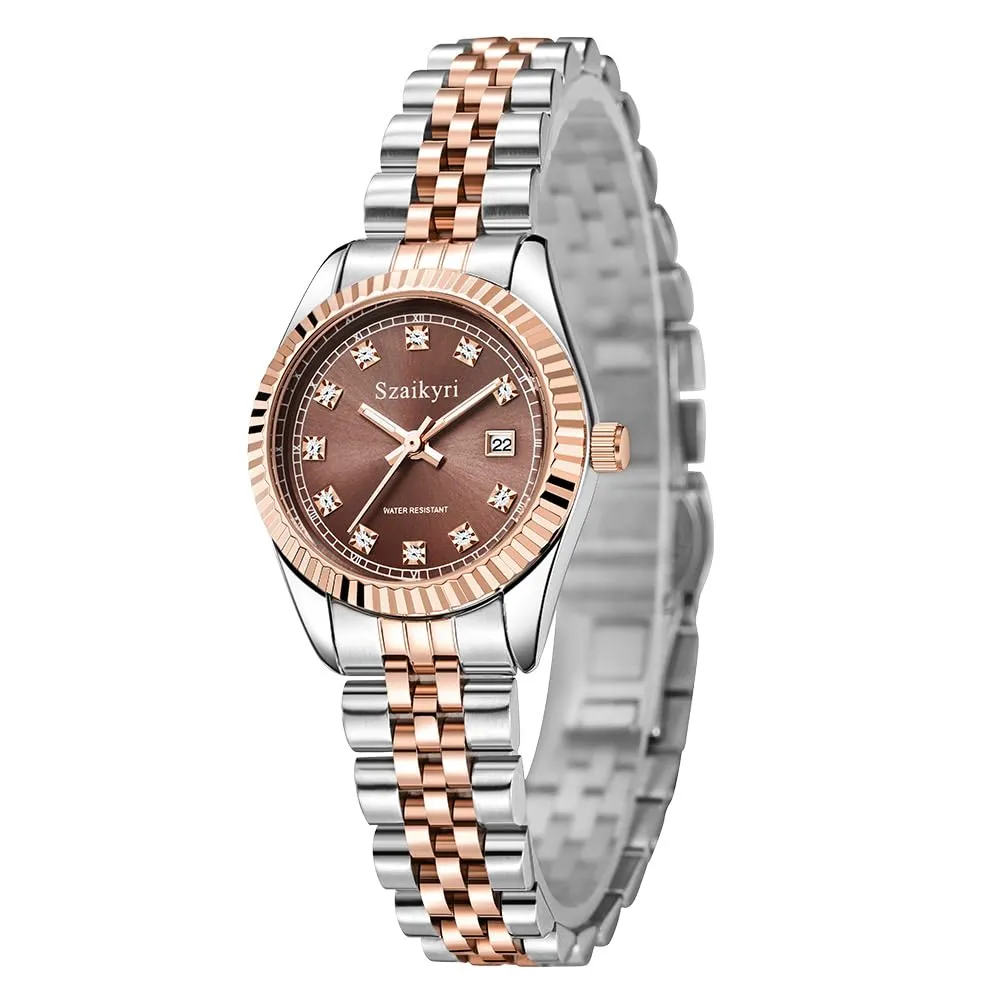 Szaikyri Orologio Donna con Calendario Classico Femminile con Ganciapia di Acciaio Inossidabile Solido Resistente All'Acqua Orologi da Compleanno per Donna (Rosegold Brown) - immagine 9