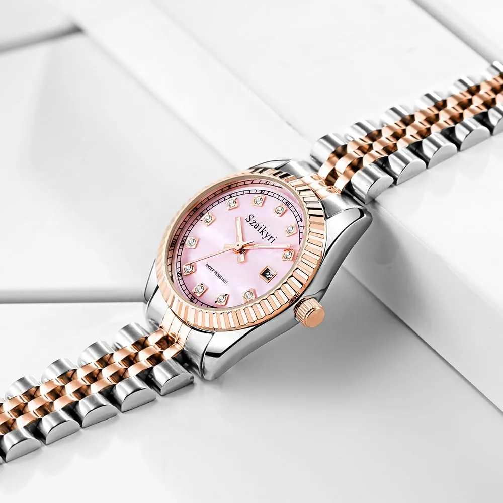 Szaikyri Orologio Donna con Calendario Classico Femminile con Ganciapia di Acciaio Inossidabile Solido Resistente All'Acqua Orologi da Compleanno per Donna (Rosegold Pink) - immagine 3