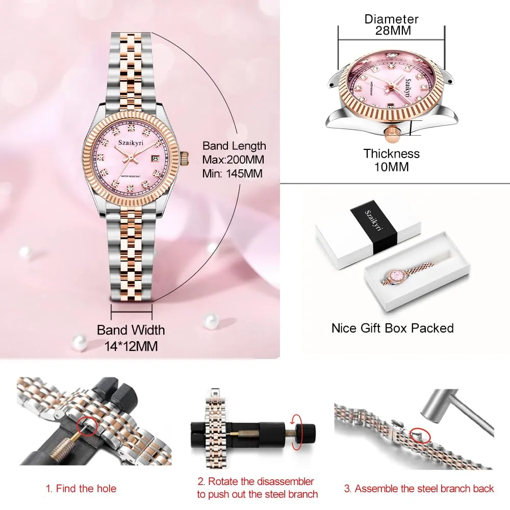 Szaikyri Orologio Donna con Calendario Classico Femminile con Ganciapia di Acciaio Inossidabile Solido Resistente All'Acqua Orologi da Compleanno per Donna (Rosegold Pink) - immagine 6