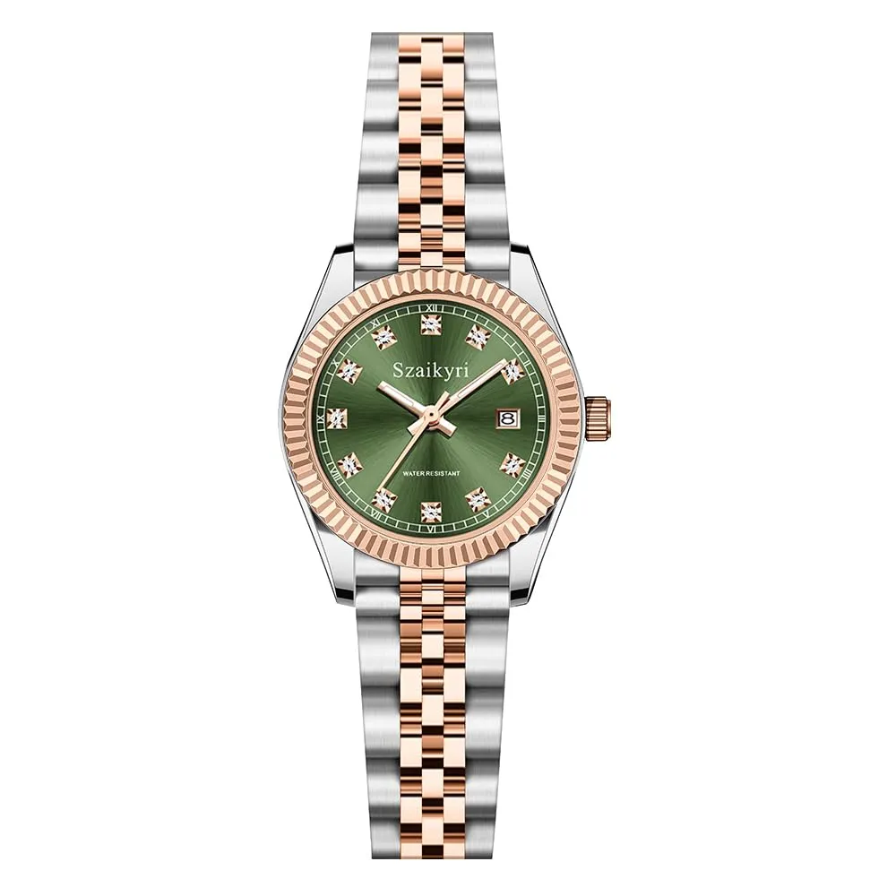 Szaikyri Orologio Donna con Calendario Classico Femminile con Ganciapia di Acciaio Inossidabile Solido Resistente All'Acqua Orologi da Compleanno per Donna (Rosegold Green) - immagine 1