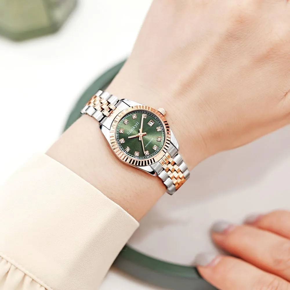 Szaikyri Orologio Donna con Calendario Classico Femminile con Ganciapia di Acciaio Inossidabile Solido Resistente All'Acqua Orologi da Compleanno per Donna (Rosegold Green) - immagine 2