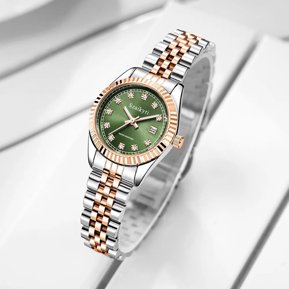 Szaikyri Orologio Donna con Calendario Classico Femminile con Ganciapia di Acciaio Inossidabile Solido Resistente All'Acqua Orologi da Compleanno per Donna (Rosegold Green) - immagine 3