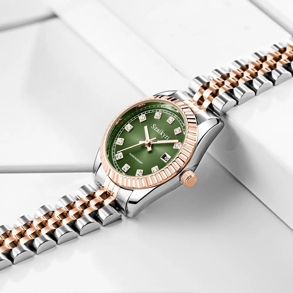 Szaikyri Orologio Donna con Calendario Classico Femminile con Ganciapia di Acciaio Inossidabile Solido Resistente All'Acqua Orologi da Compleanno per Donna (Rosegold Green) - immagine 4