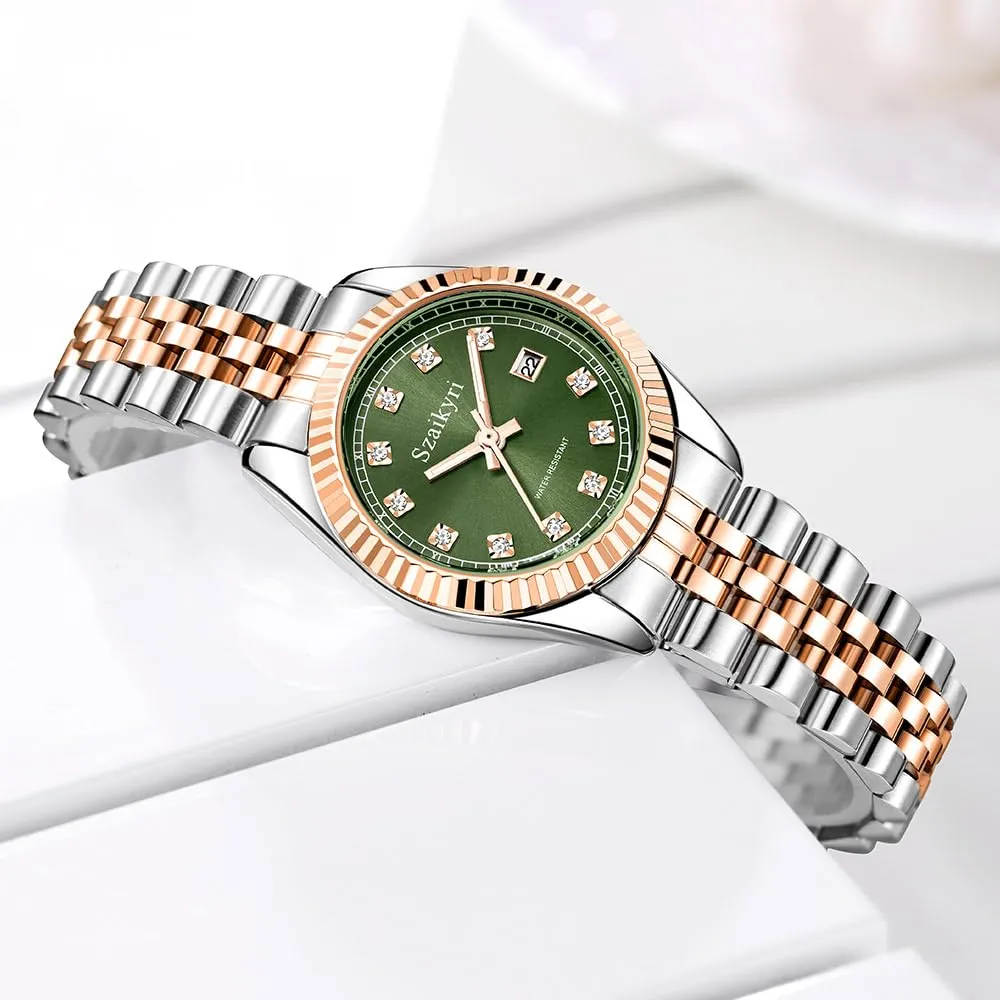 Szaikyri Orologio Donna con Calendario Classico Femminile con Ganciapia di Acciaio Inossidabile Solido Resistente All'Acqua Orologi da Compleanno per Donna (Rosegold Green) - immagine 5