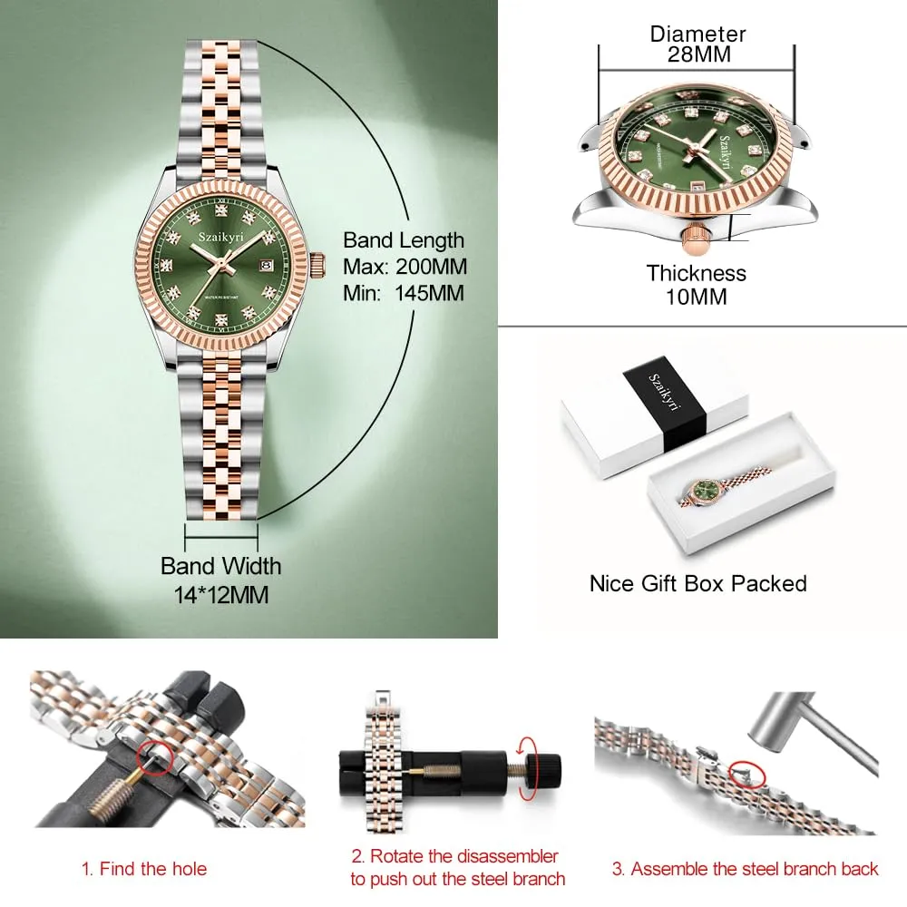 Szaikyri Orologio Donna con Calendario Classico Femminile con Ganciapia di Acciaio Inossidabile Solido Resistente All'Acqua Orologi da Compleanno per Donna (Rosegold Green) - immagine 6