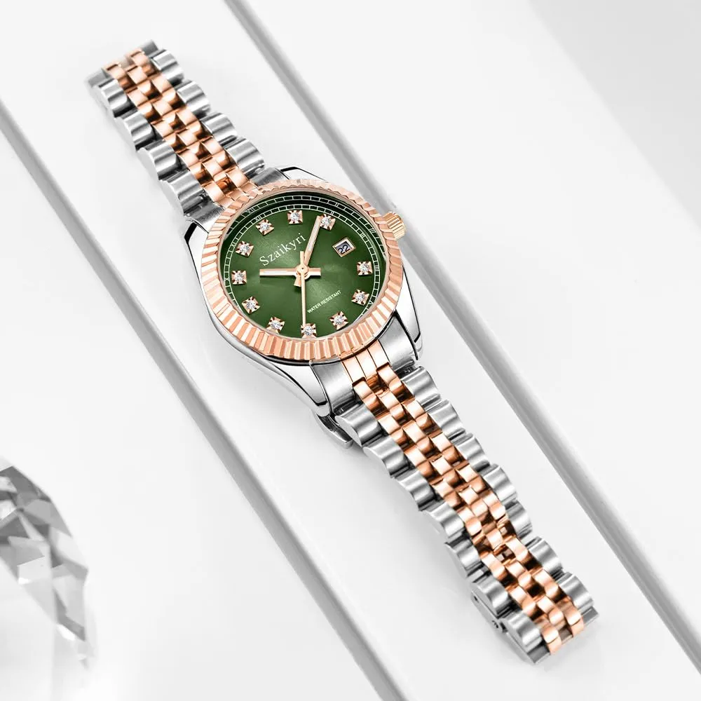 Szaikyri Orologio Donna con Calendario Classico Femminile con Ganciapia di Acciaio Inossidabile Solido Resistente All'Acqua Orologi da Compleanno per Donna (Rosegold Green) - immagine 7