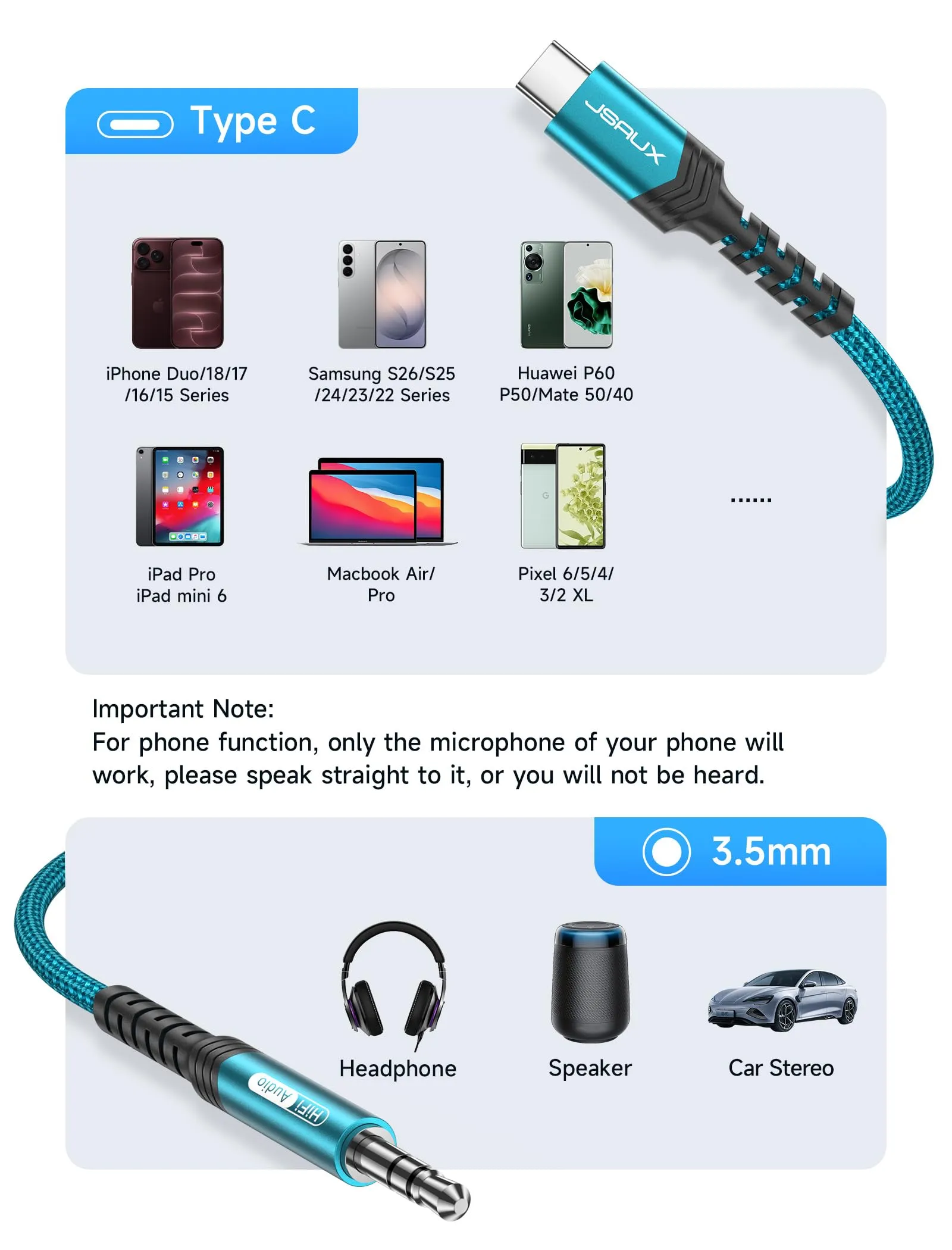 JSAUX Cavo AUX da USB C a jack da 1 m, da USB C a jack da 3,5 mm, in nylon intrecciato, per iPhone 15 Pro Max/15 Plus, Samsung Galaxy S24/S23 Ultra-verde - immagine 5