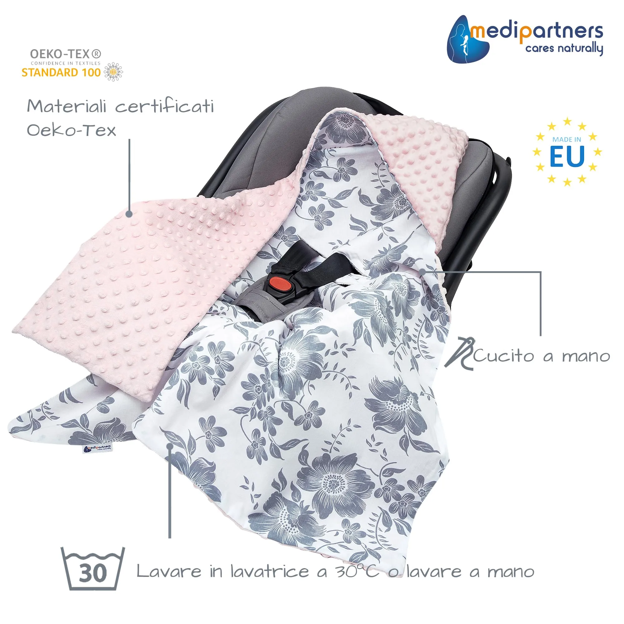 Medi Partners Coperta neonato ovetto Sacco per Passeggino - 100% Cotone universale Blanket 85x85cm fodera protettiva Morbida e Accogliente Passeggini Marsupio (Berry con rosa minky) - immagine 3