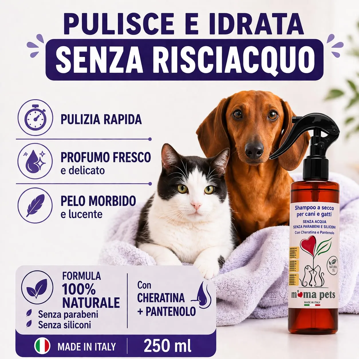M' MA PETS Shampoo Secco per Cani e Gatti 100% Naturale, Made in Italy - Senza Acqua, Senza Parabeni e Siliconi - Con Cheratina e Pantenolo - Spray Detergente per Pelo Lucente e Morbido - 250ml - immagine 2