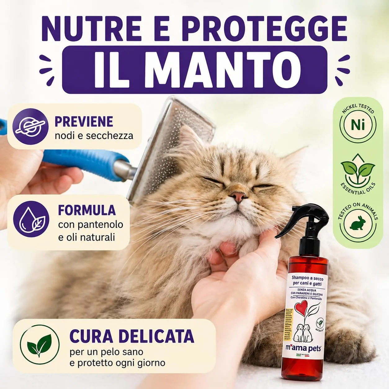 M' MA PETS Shampoo Secco per Cani e Gatti 100% Naturale, Made in Italy - Senza Acqua, Senza Parabeni e Siliconi - Con Cheratina e Pantenolo - Spray Detergente per Pelo Lucente e Morbido - 250ml - immagine 3