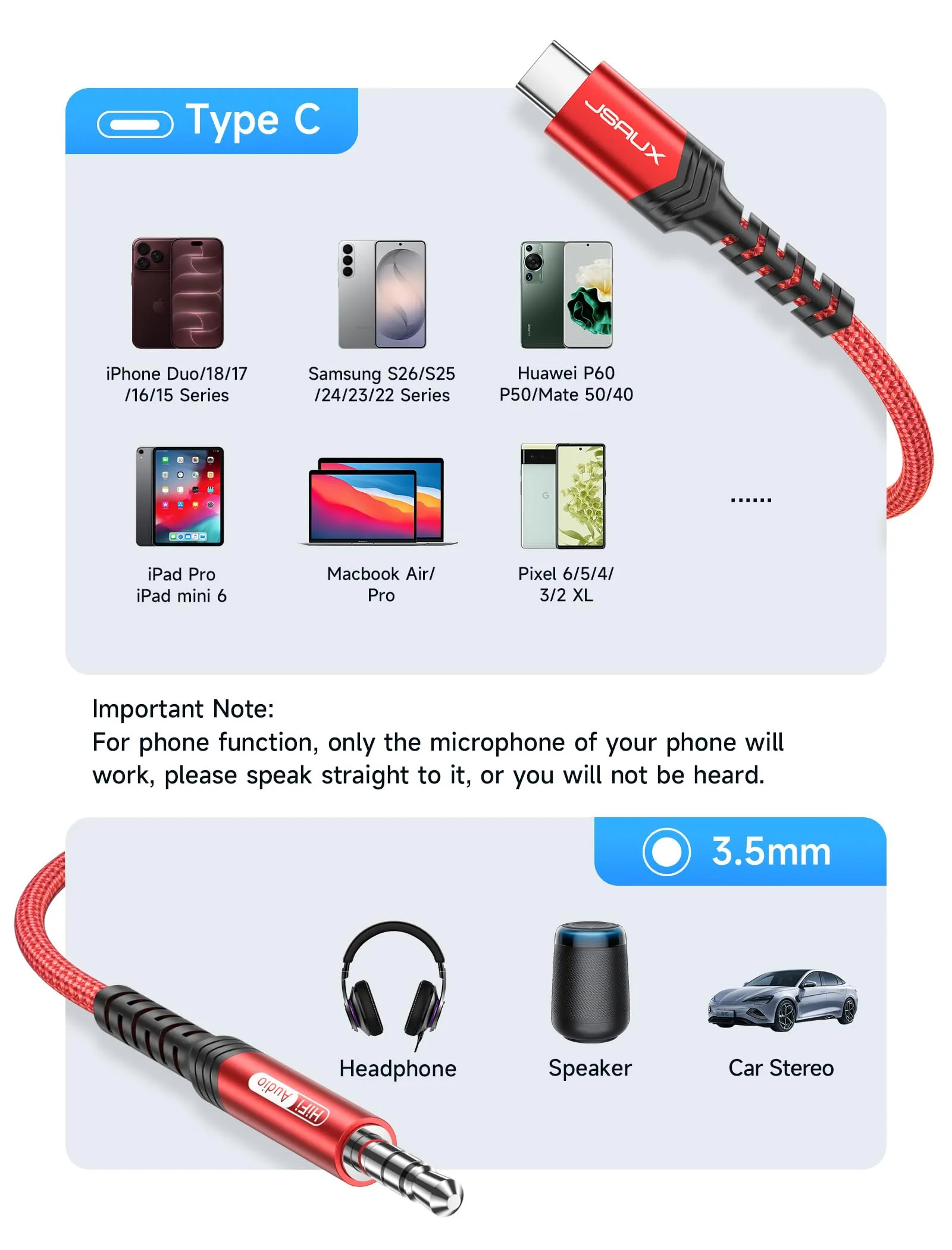 JSAUX Cavo da USB C a 3,5mm jack 1m, Adattatore Aux USB C a 3,5mm Audio Cavo Cuffia Stereo Auto Compatibile con iPhone 17 Air/16/15 Pro Max Plus, Samsung Galaxy S25 S24 S23 Ultra, Pixel 8/9, iPad Pro - immagine 5