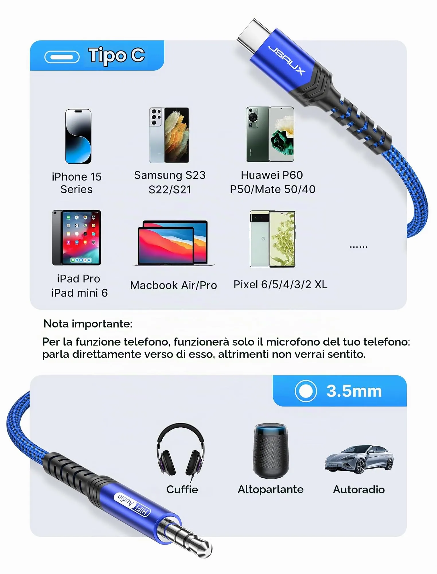 JSAUX Cavo adattatore da USB C a jack AUX da 1M, cavo Aux intrecciato in nylon USBC a 3,5mm per auto e cuffie compatibile con iPhone 16/15 Pro Max, Galaxy S24/S23/S22 Ultra, iPad Pro, Huawei P40 - Blu - immagine 6