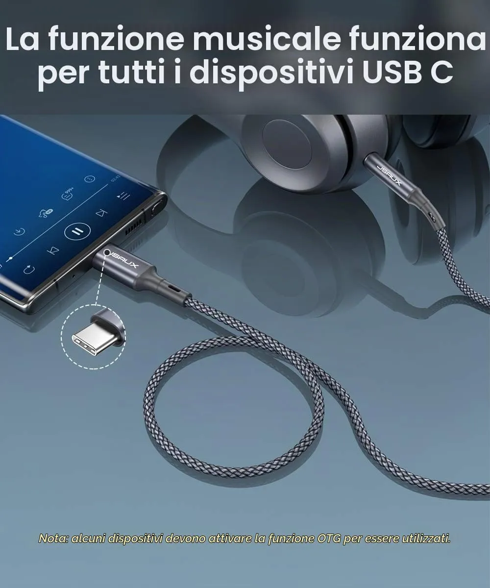 JSAUX cavo da USB C a jack AUX da 2m, USBC a jack da 3,5 mm, in nylon intrecciato, per Huawei P30/P20/Mate 20/30, Samsung Galaxy Note10/A8/A80, HTC U12, Oneplus 7, XiaoMi 8-grigio - immagine 3