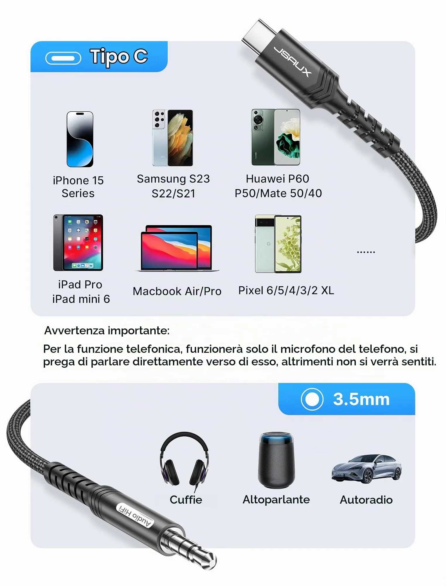 JSAUX Cavo da USB C a 3,5mm jack 2m, Adattatore USB C a 3,5 mm Audio Aux Cavo Cuffia Stereo Auto Compatibile con iPhone 15 Pro Max/15 Pro/15 Plus/15, Samsung Galaxy S23 S22 S21 Ultra, Huawei P40-Nero - immagine 6