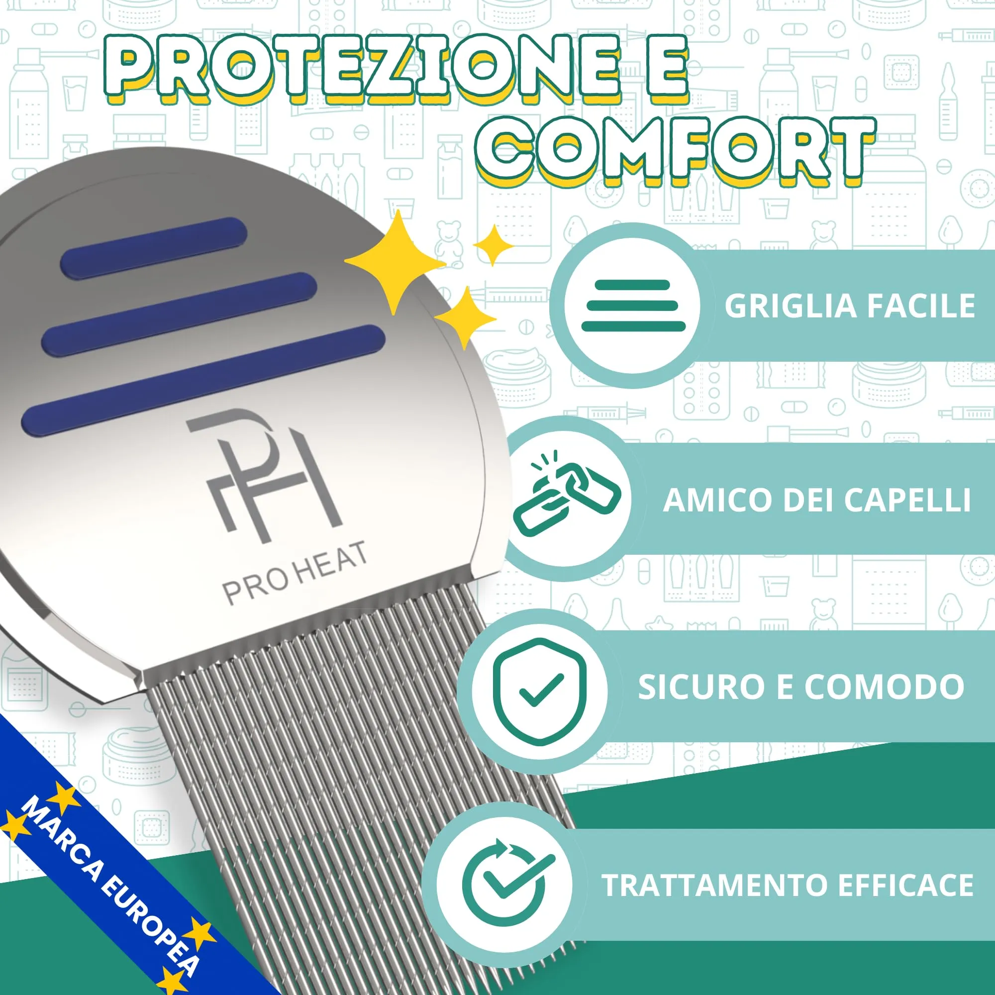 Ph Pro Heat Pettine Pidocchi e Lendini - Pettinino per Pidocchi - Pettine Antipidocchi - Lendrera Antipidocchi per Adulti e Bambini. - immagine 2