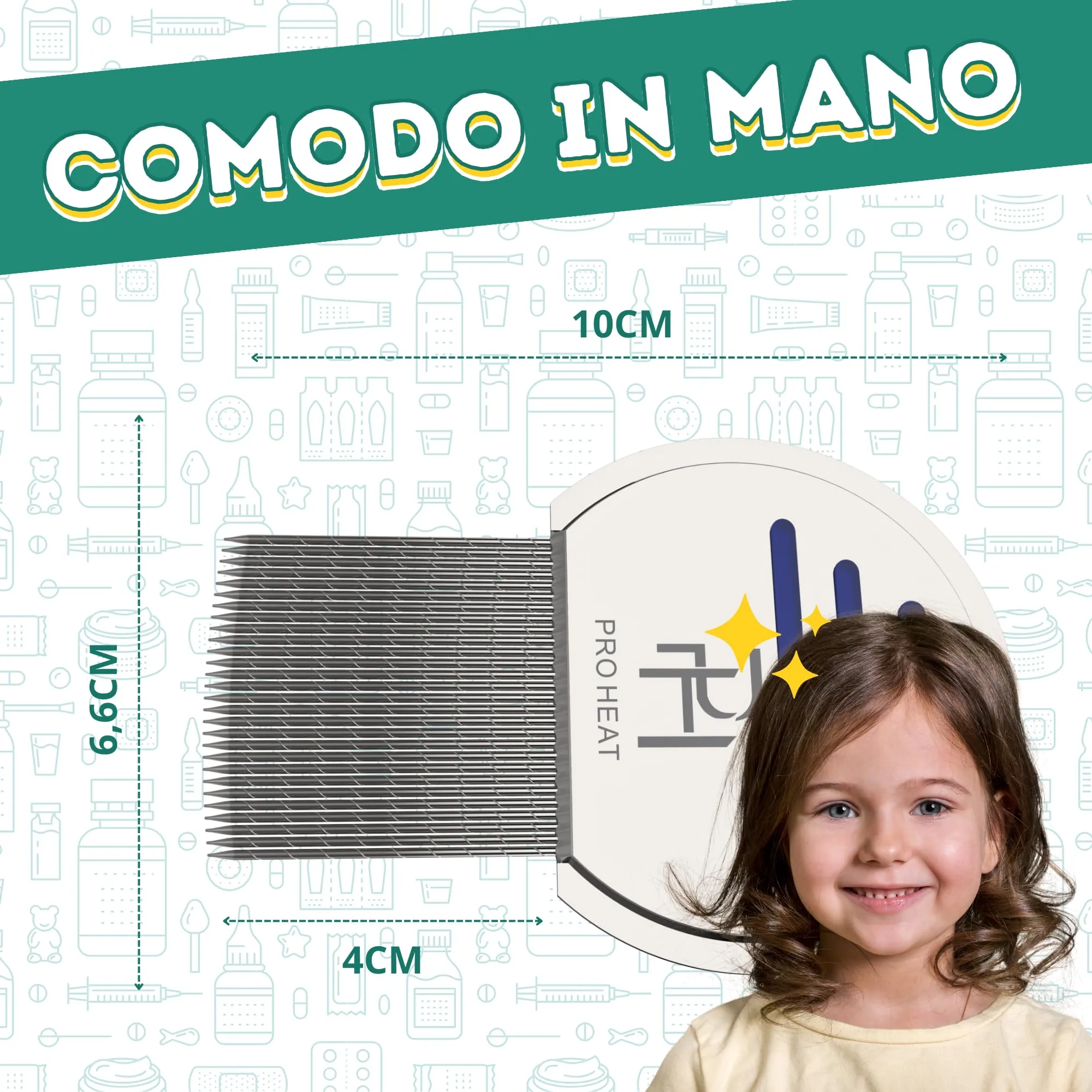 Ph Pro Heat Pettine Pidocchi e Lendini - Pettinino per Pidocchi - Pettine Antipidocchi - Lendrera Antipidocchi per Adulti e Bambini. - immagine 5
