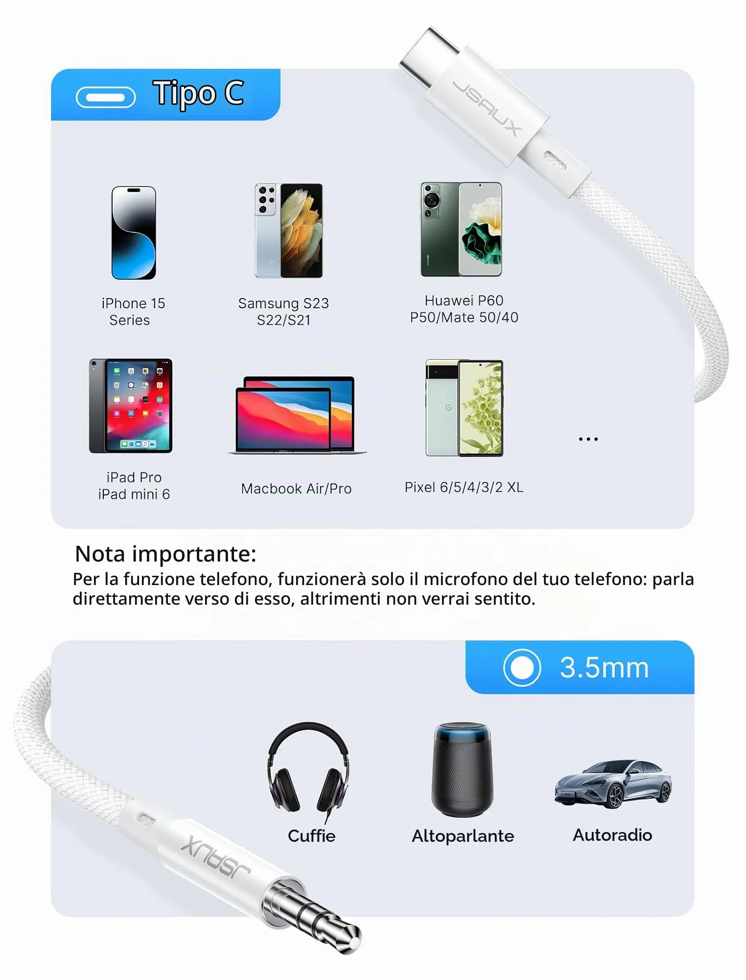 JSAUX Cavo da USB C a 3,5mm jack 1m, Adattatore USB C a 3,5 mm Audio Aux Cavo Cuffia Stereo Auto Compatibile con iPhone 15 Pro Max/15 Pro/15 Plus/15, Samsung Galaxy S23 S22 Ultra, Huawei P40-Bianco - immagine 5